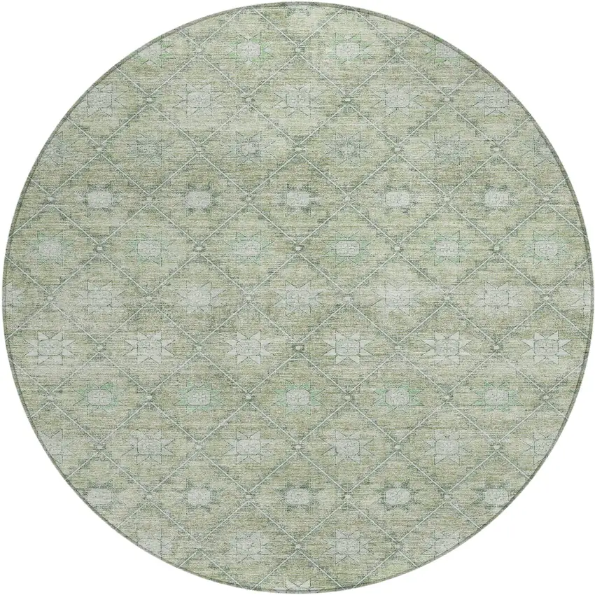 8' Artichoke Green And Gray Round Floral Washable Indoor Outdoor Area Rug Photo 1