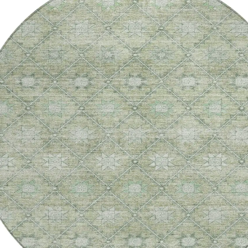 8' Artichoke Green And Gray Round Floral Washable Indoor Outdoor Area Rug Photo 8