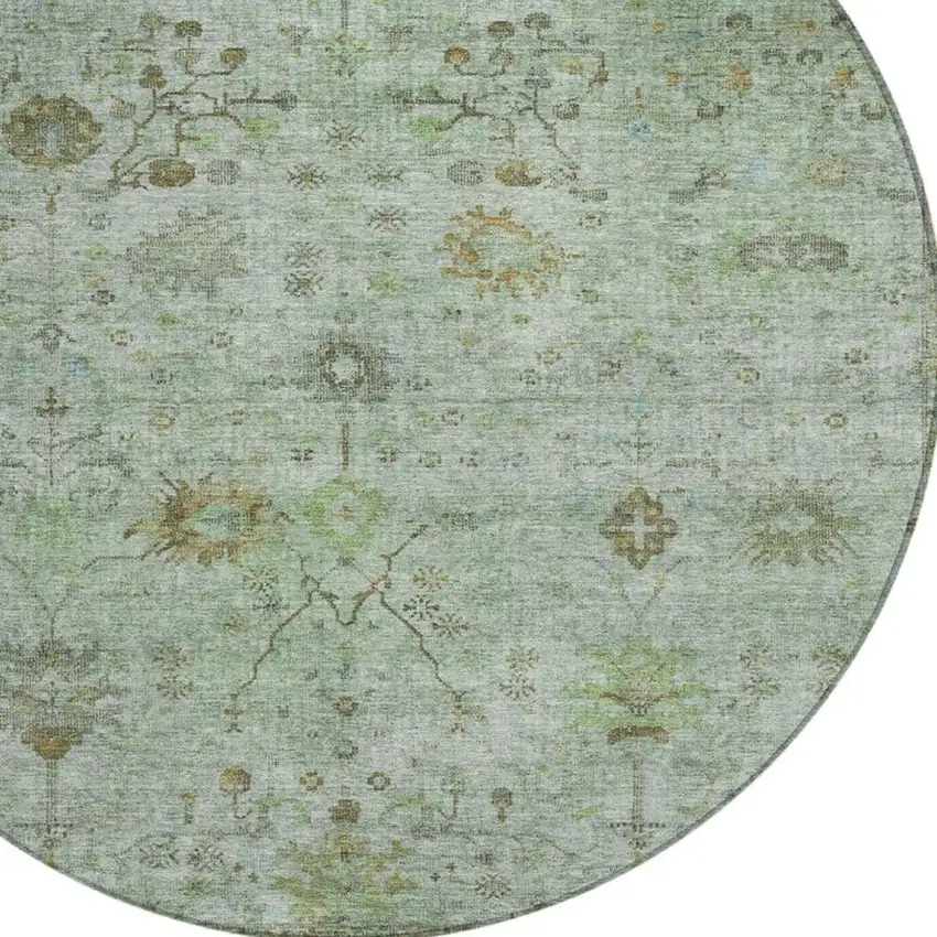8' Artichoke Green And Gray Round Floral Washable Indoor Outdoor Area Rug Photo 8