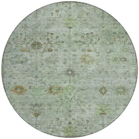 8' Artichoke Green And Gray Round Floral Washable Indoor Outdoor Area Rug Photo 3