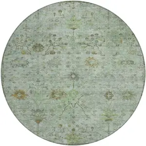 Photo of 8' Artichoke Green And Gray Round Floral Washable Indoor Outdoor Area Rug