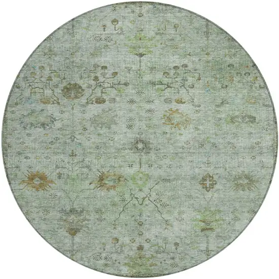 8' Artichoke Green And Gray Round Floral Washable Indoor Outdoor Area Rug Photo 1