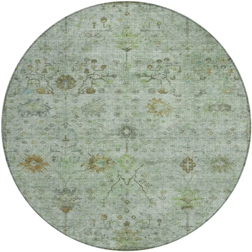 8' Artichoke Green And Gray Round Floral Washable Indoor Outdoor Area Rug Photo 1
