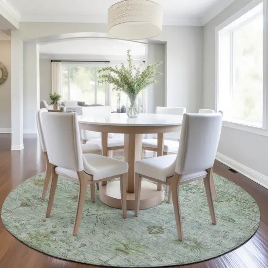 8' Artichoke Green And Gray Round Floral Washable Indoor Outdoor Area Rug Photo 6