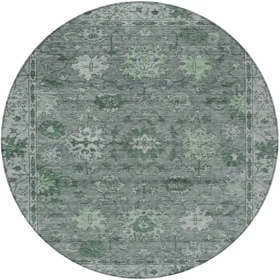 8' Artichoke Green And Gray Round Floral Washable Indoor Outdoor Area Rug Photo 4