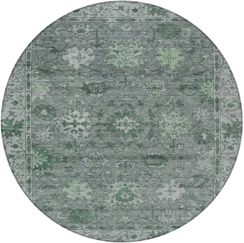 8' Artichoke Green And Gray Round Floral Washable Indoor Outdoor Area Rug Photo 4