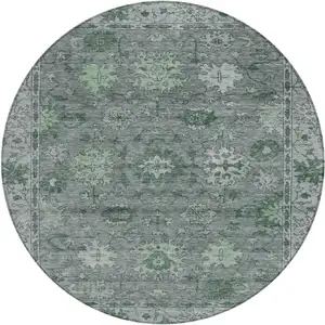 Photo of 8' Artichoke Green And Gray Round Floral Washable Indoor Outdoor Area Rug