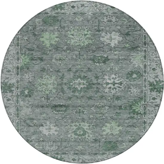 8' Artichoke Green And Gray Round Floral Washable Indoor Outdoor Area Rug Photo 1