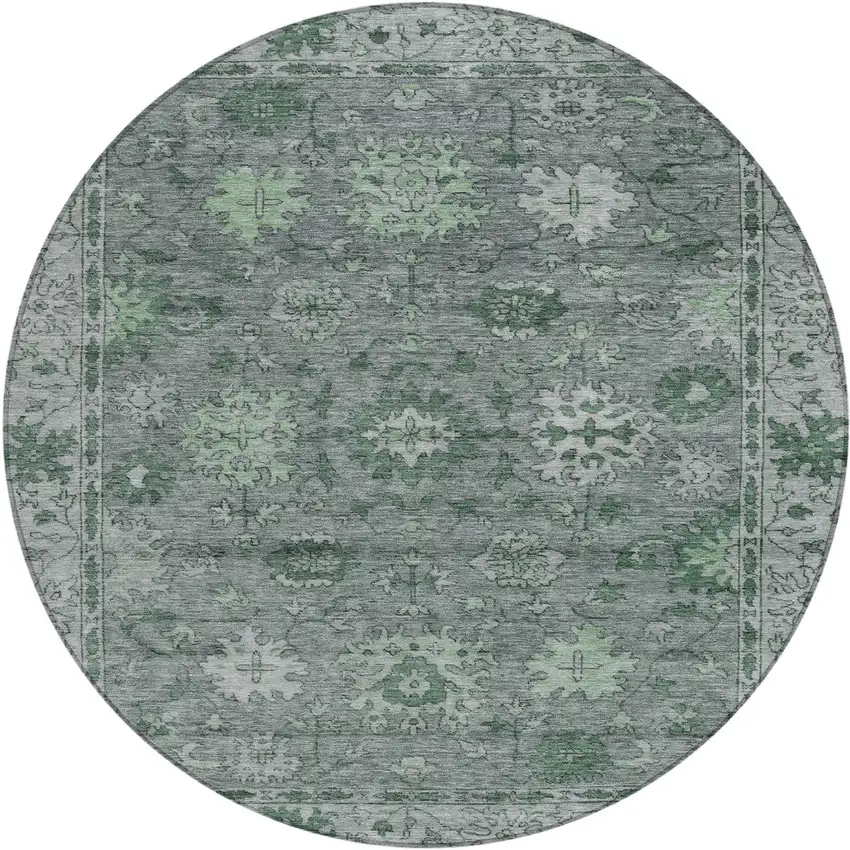 8' Artichoke Green And Gray Round Floral Washable Indoor Outdoor Area Rug Photo 1