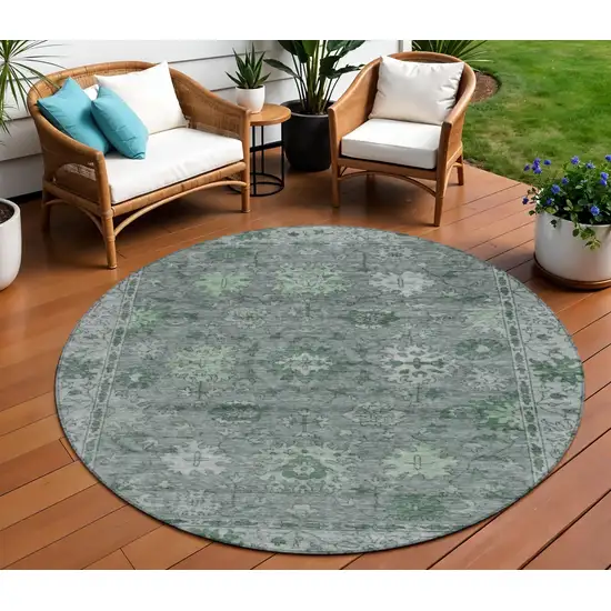8' Artichoke Green And Gray Round Floral Washable Indoor Outdoor Area Rug Photo 2