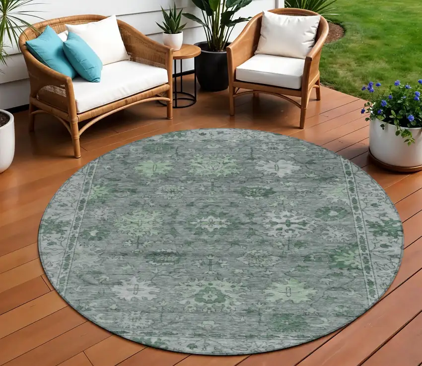 8' Artichoke Green And Gray Round Floral Washable Indoor Outdoor Area Rug Photo 2