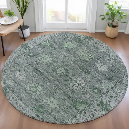 8' Artichoke Green And Gray Round Floral Washable Indoor Outdoor Area Rug Photo 5