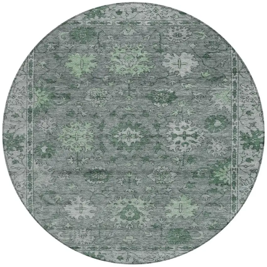 8' Artichoke Green And Gray Round Floral Washable Indoor Outdoor Area Rug Photo 3