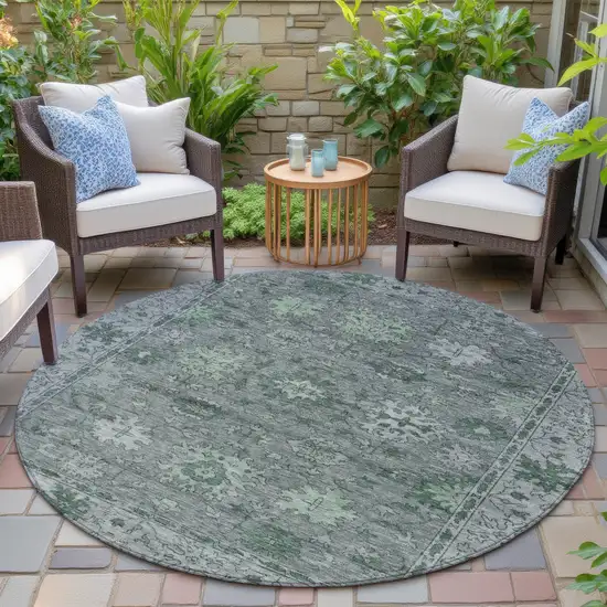 8' Artichoke Green And Gray Round Floral Washable Indoor Outdoor Area Rug Photo 6