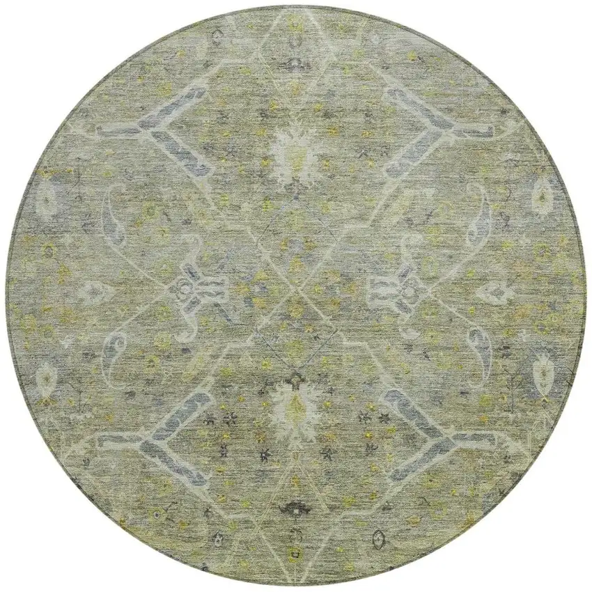 8' Artichoke Green And Gray Round Floral Washable Indoor Outdoor Area Rug Photo 4