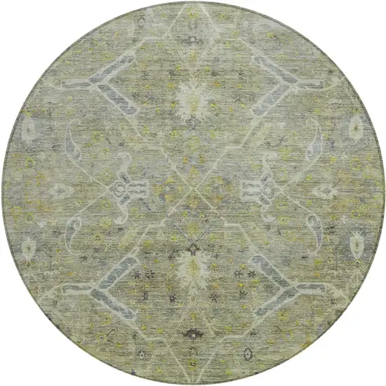 8' Artichoke Green And Gray Round Floral Washable Indoor Outdoor Area Rug Photo 2