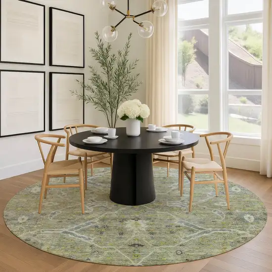 8' Artichoke Green And Gray Round Floral Washable Indoor Outdoor Area Rug Photo 9