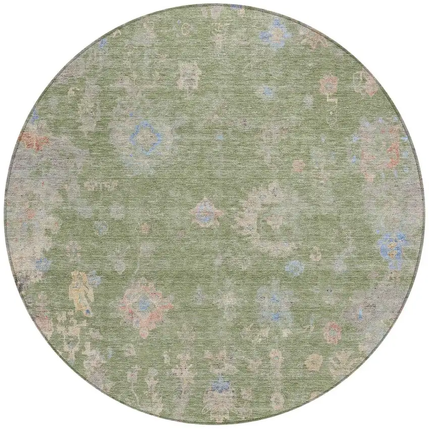 8' Artichoke Green And Gray Round Floral Washable Indoor Outdoor Area Rug Photo 4