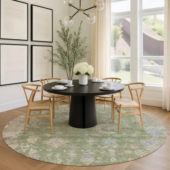 8' Artichoke Green And Gray Round Floral Washable Indoor Outdoor Area Rug Photo 9