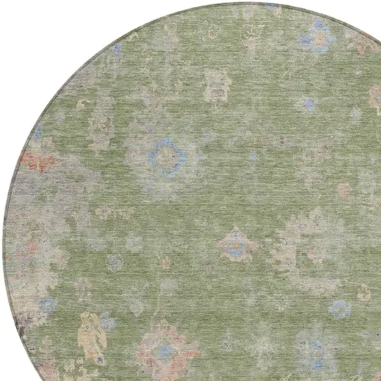 8' Artichoke Green And Gray Round Floral Washable Indoor Outdoor Area Rug Photo 7