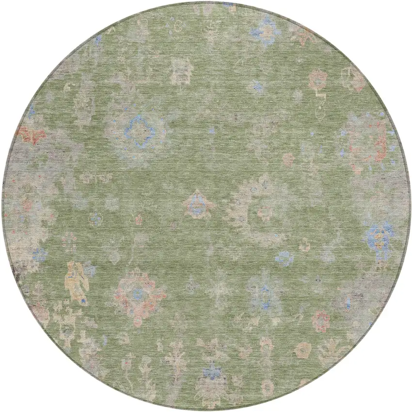 8' Artichoke Green And Gray Round Floral Washable Indoor Outdoor Area Rug Photo 2