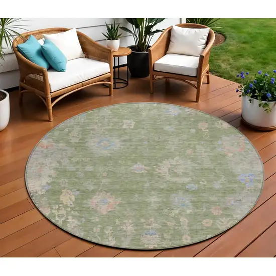 8' Artichoke Green And Gray Round Floral Washable Indoor Outdoor Area Rug Photo 1