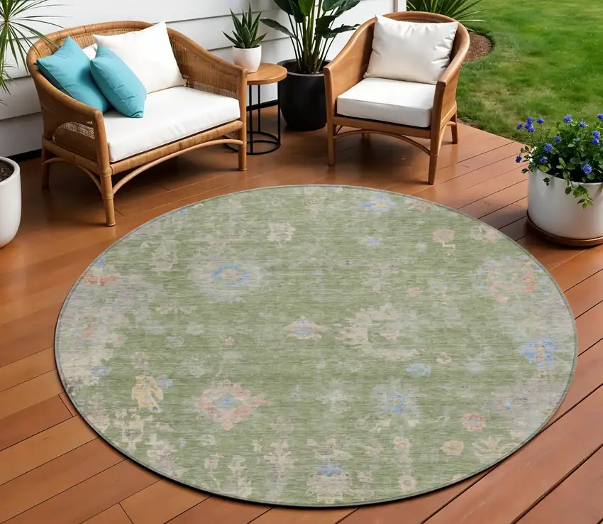 8' Artichoke Green And Gray Round Floral Washable Indoor Outdoor Area Rug Photo 1