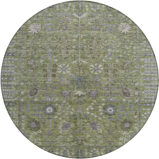 8' Artichoke Green And Gray Round Floral Washable Indoor Outdoor Area Rug Photo 2