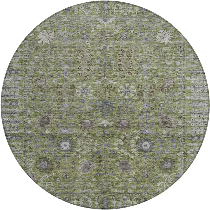 8' Artichoke Green And Gray Round Floral Washable Indoor Outdoor Area Rug Photo 2