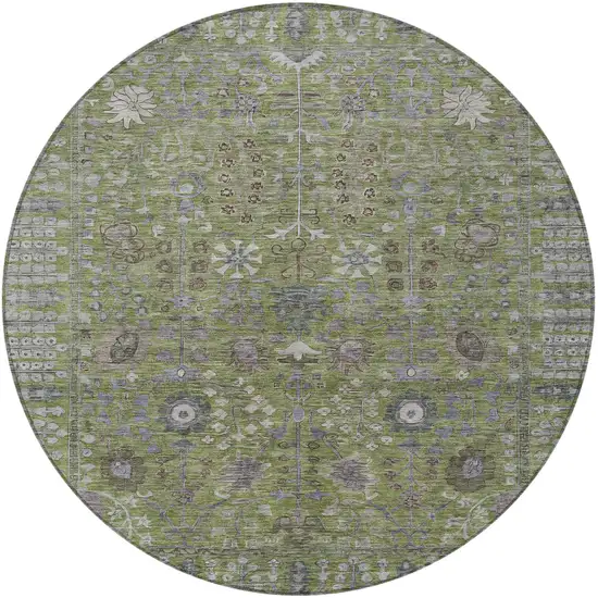 8' Artichoke Green And Gray Round Floral Washable Indoor Outdoor Area Rug Photo 5