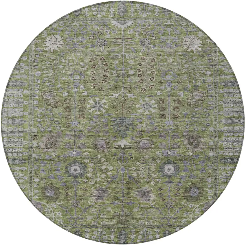 8' Artichoke Green And Gray Round Floral Washable Indoor Outdoor Area Rug Photo 5