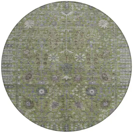 8' Artichoke Green And Gray Round Floral Washable Indoor Outdoor Area Rug Photo 4