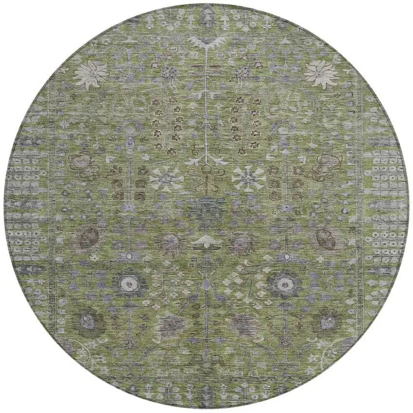 8' Artichoke Green And Gray Round Floral Washable Indoor Outdoor Area Rug Photo 4