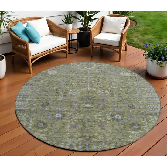 8' Artichoke Green And Gray Round Floral Washable Indoor Outdoor Area Rug Photo 1