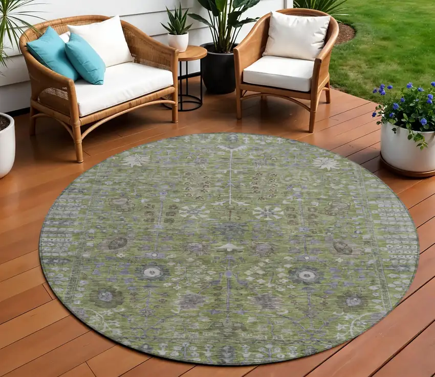 8' Artichoke Green And Gray Round Floral Washable Indoor Outdoor Area Rug Photo 1