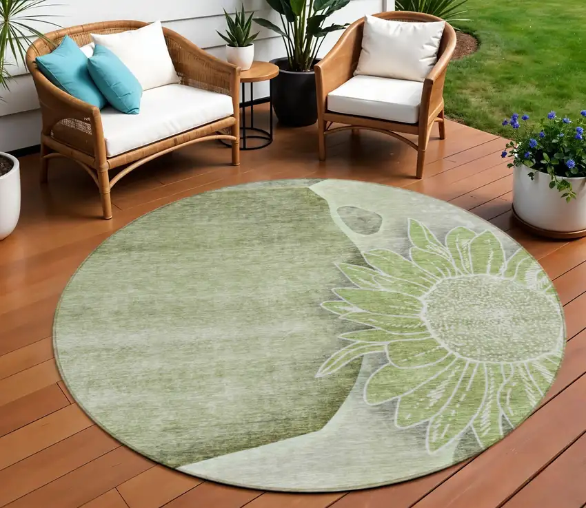 8' Artichoke Green And Gray Round Floral Washable Indoor Outdoor Area Rug Photo 1