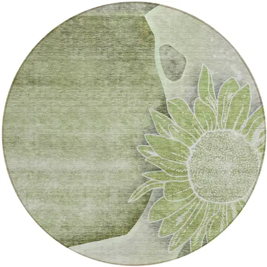 8' Artichoke Green And Gray Round Floral Washable Indoor Outdoor Area Rug Photo 1