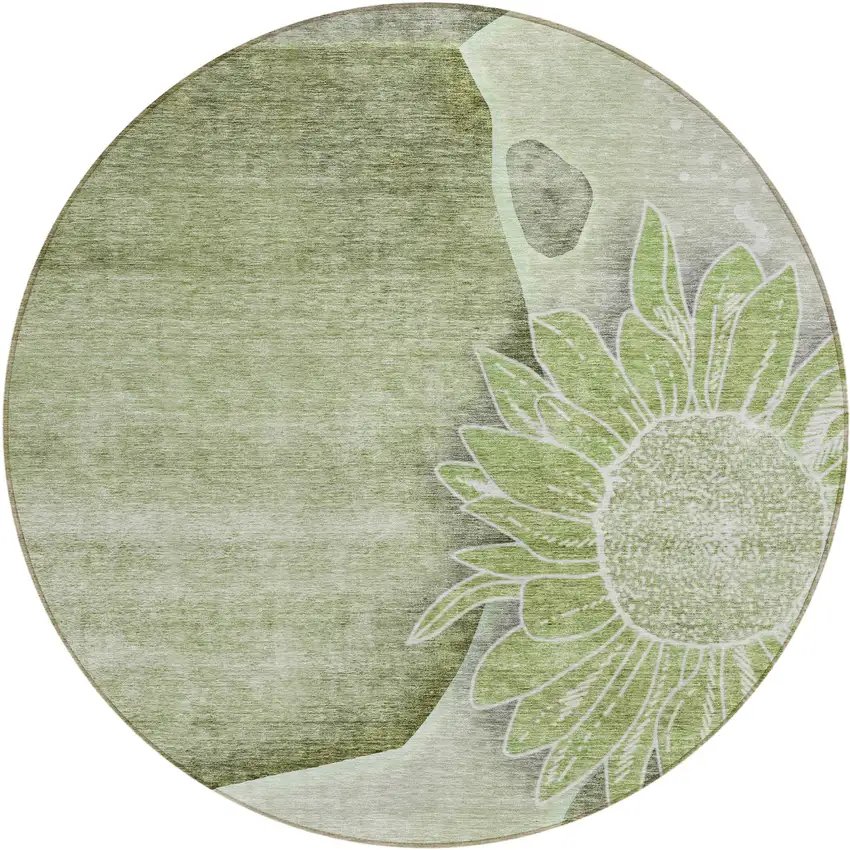 8' Artichoke Green And Gray Round Floral Washable Indoor Outdoor Area Rug Photo 1