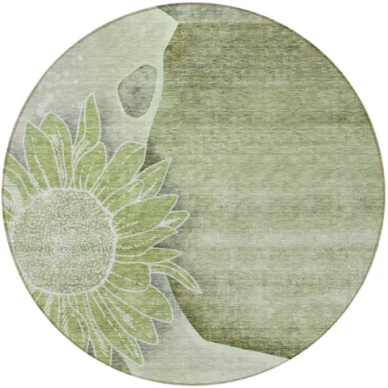8' Artichoke Green And Gray Round Floral Washable Indoor Outdoor Area Rug Photo 5