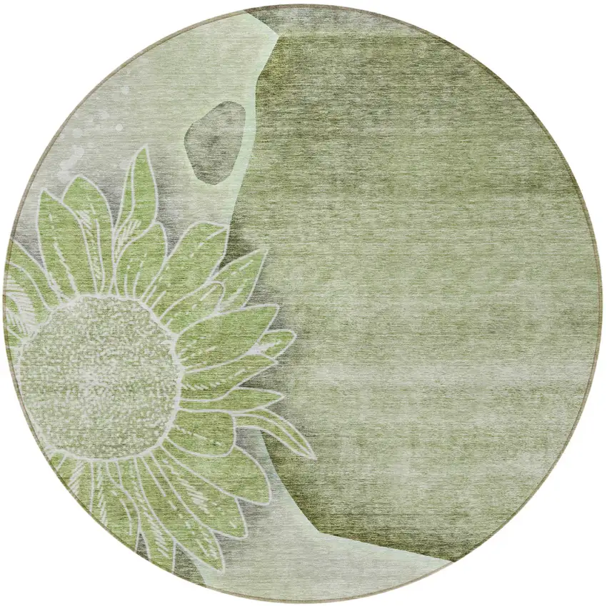 8' Artichoke Green And Gray Round Floral Washable Indoor Outdoor Area Rug Photo 5