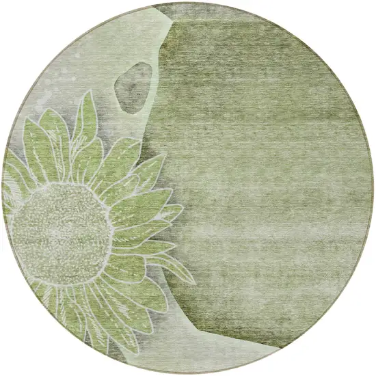 8' Artichoke Green And Gray Round Floral Washable Indoor Outdoor Area Rug Photo 5