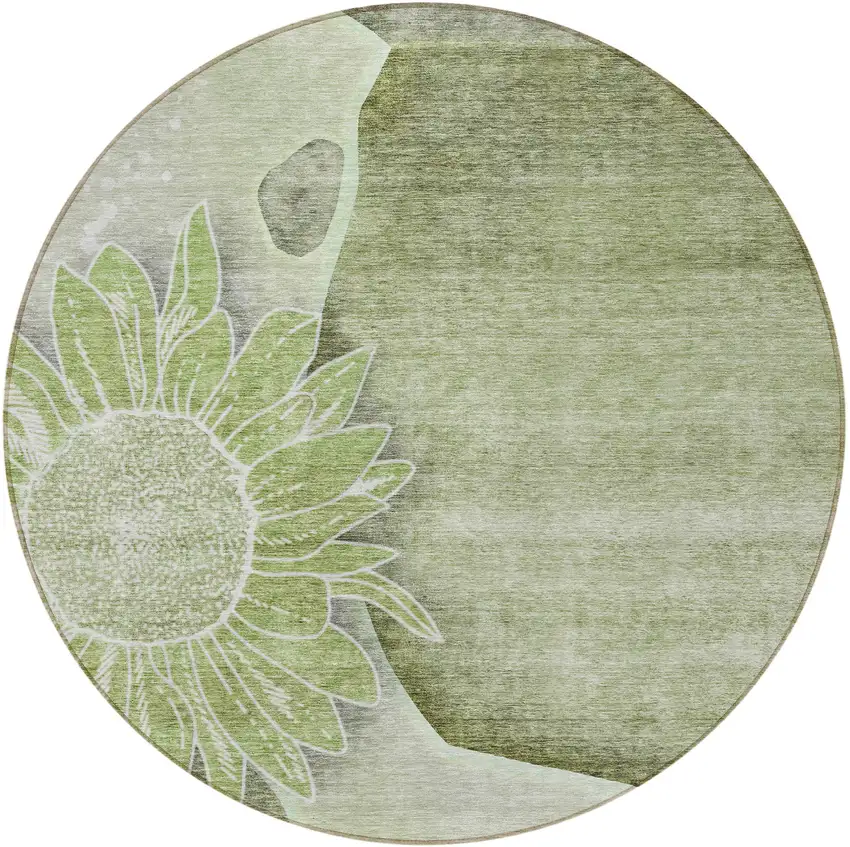 8' Artichoke Green And Gray Round Floral Washable Indoor Outdoor Area Rug Photo 5