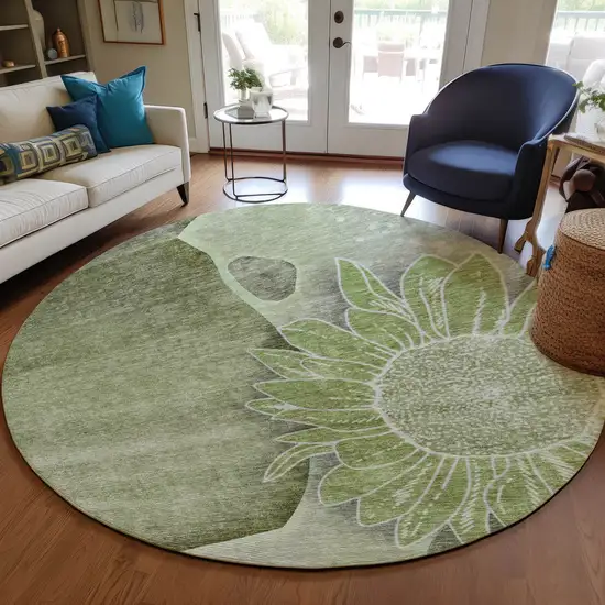 8' Artichoke Green And Gray Round Floral Washable Indoor Outdoor Area Rug Photo 7
