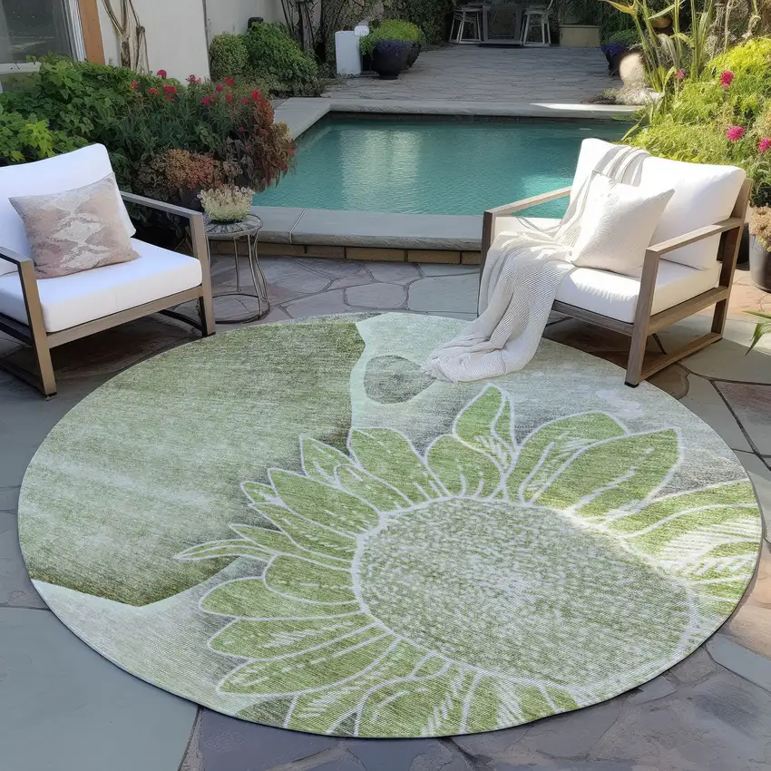 8' Artichoke Green And Gray Round Floral Washable Indoor Outdoor Area Rug Photo 6