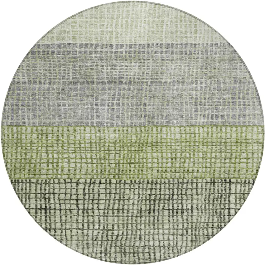 8' Artichoke Green And Gray Round Geometric Washable Indoor Outdoor Area Rug Photo 1