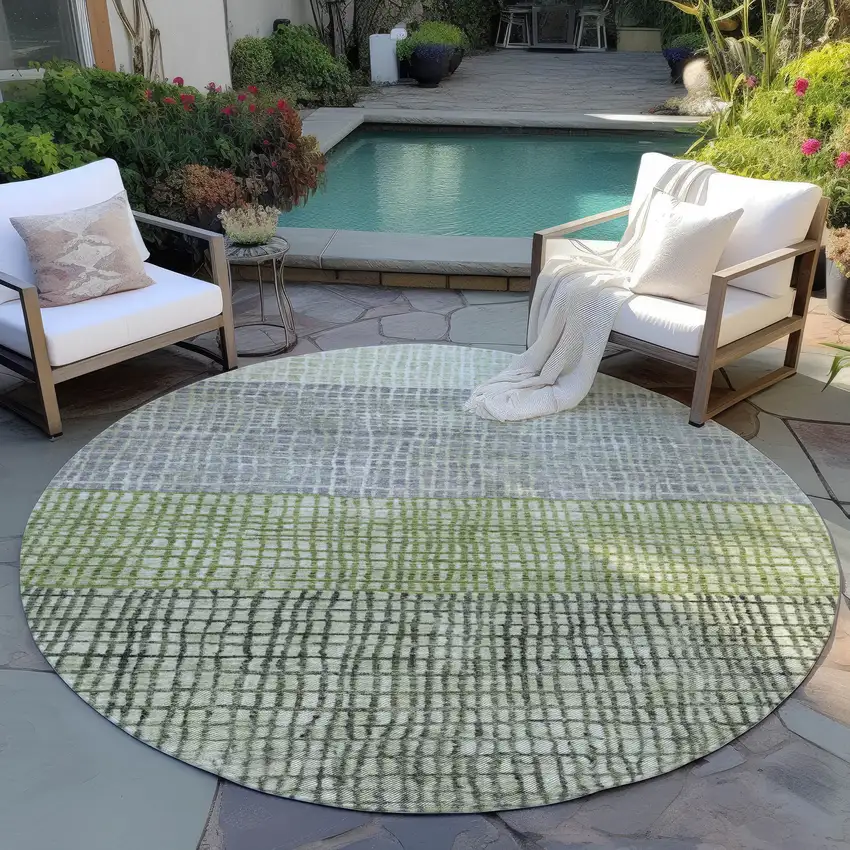 8' Artichoke Green And Gray Round Geometric Washable Indoor Outdoor Area Rug Photo 5