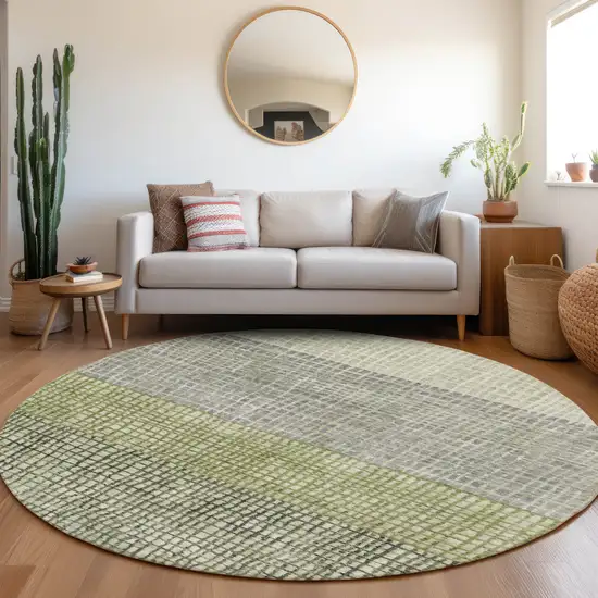 8' Artichoke Green And Gray Round Geometric Washable Indoor Outdoor Area Rug Photo 6