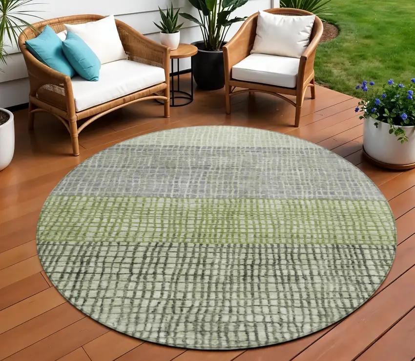 8' Artichoke Green And Gray Round Geometric Washable Indoor Outdoor Area Rug Photo 2