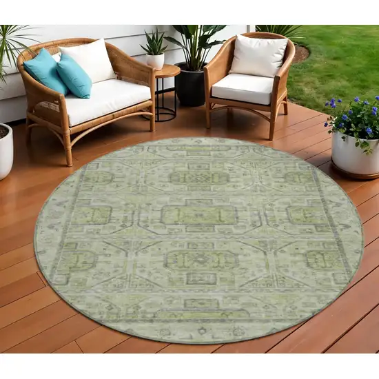 8' Artichoke Green And Gray Round Geometric Washable Indoor Outdoor Area Rug Photo 2