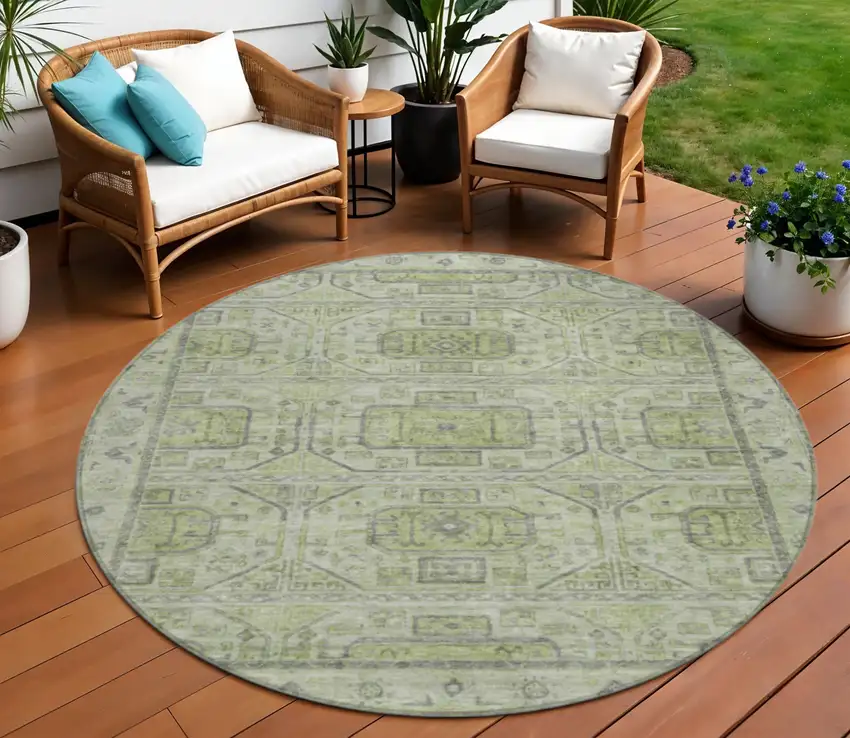 8' Artichoke Green And Gray Round Geometric Washable Indoor Outdoor Area Rug Photo 2